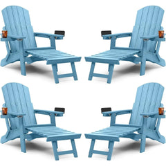 Adirondack Chair with Ottoman Set of 4, Adjustable Backrest Adirondack Chairs, Folding Outdoor Fire Pit Chair with 2 Cup-Holders