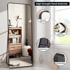 64"x21" Floor Full Length Mirror Standing Full Body Rounded Corner Rectangle Mirrors with Stand Hanging Wall Mounted
