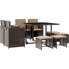 9 Pieces Patio Dining Sets Outdoor Conversation Sets, Space Saving Wicker Chairs with Glass Table and Ottomans,Cushioned Seating