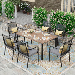 HERA'S HOUSE Outdoor Dining Table for 6, Rectangular Metal Patio Table with Umbrella Hole, 6-Person Weather Resistant Wood-Like