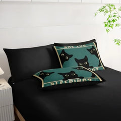Cute Cat Comforter Set 7Pcs Cartoon Cat Kawaii Bedding Set Twin Size 3D Black Cat Bedroom Decor Chic Animal Sheet Sets for Wom