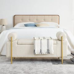 Elegant Upholstered Linen Storage Bench with Cylindrical Arms & Iron Legs, Beige, for Hallway, Living Room, Bedroom