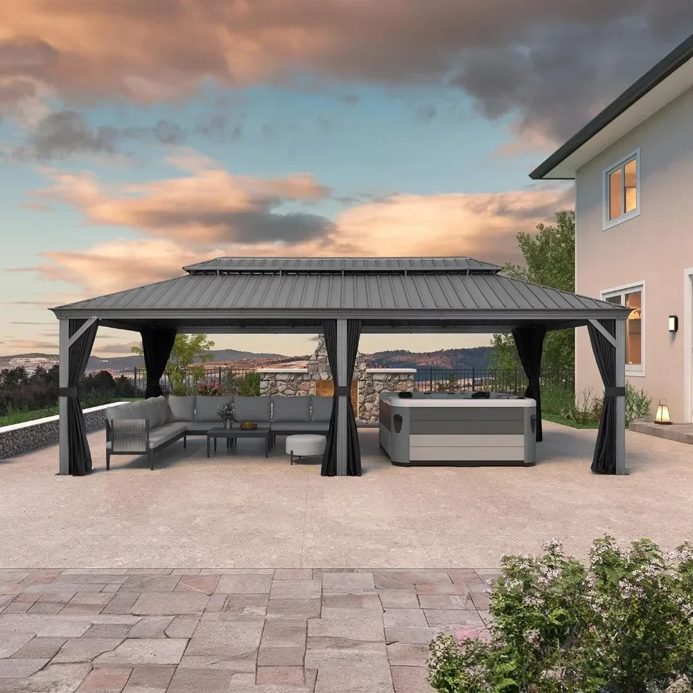 12' x 24' Outdoor Hardtop Gazebo with Netting and Curtains Galvanized Steel Double Roof and Aluminum Frames Permanent Light Grey