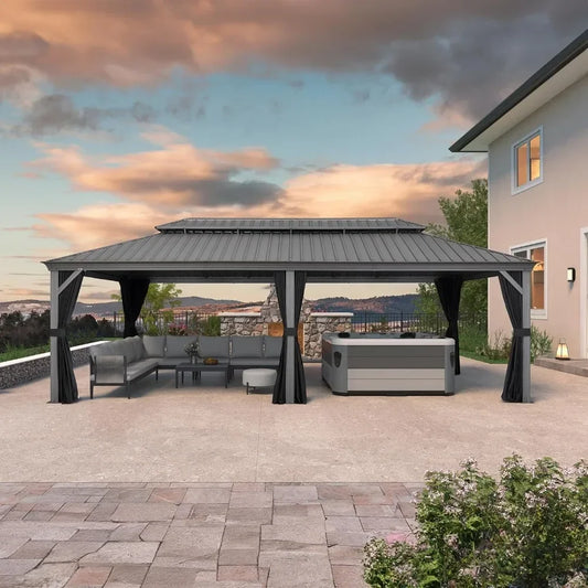 12' x 24' Outdoor Hardtop Gazebo with Netting and Curtains Galvanized Steel Double Roof and Aluminum Frames Permanent Light Grey