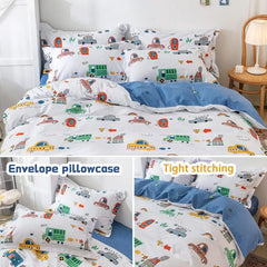 Kids Duvet Cover Set Full Size, Cotton Cartoon Car Truck Bedding Set for Boys Girls, 3 Pieces Soft Breathable White Yellow Plaid