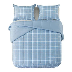 7 Piece Reversible Bed in a Bag Comforter Set with Sheets, Blue Checker, Full