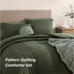 King Size Comforter Set - 7 Pieces Bed in a Bag King, Olive Green Bedding Sets with Comforter, All Seasons Down Duvet Cover Sets