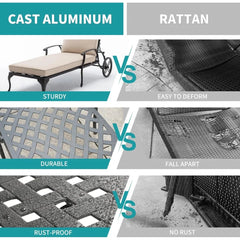 Outdoor Chaise Lounge Chair with Cushion - Poolside Set of 1 Chairs for Outside Cast Aluminum Waterproof Lounger, Lounge Chair