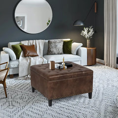 Storage Ottoman Square Upholstered Tufted Bench with Rivet, Footrest Coffee Table with Wood Legs for Living Room Bedroom