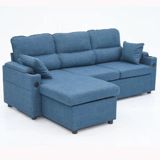 Multi Functional L-Shaped Noble Consort Sofa Bed, Pull-out Invisible Bed with Armrest Cup Holder, USB Socket, Living Room Sofas