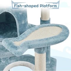 61in Tall Ocean-Themed Cat Tree, Multi-Level Cat Tower with Shark's Mouth-Shaped Nest, Fish-Shaped Platform