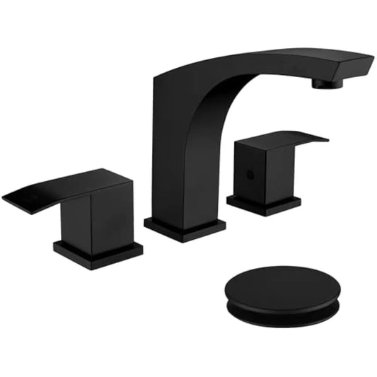 3 Hole Bathroom Faucet Matte Black, 2 Handle 8 Inch Widespread Bathroom Sink Faucet with Pop up Drain and Cupc Supply Hose, Bla