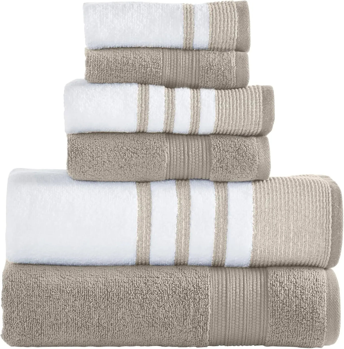 6 Piece Set, 2 Bath Towels, 2 Hand Towels, 2 Washcloths, Quick Dry White/Contrast Reinhart Tan
