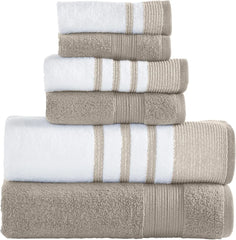 6 Piece Set, 2 Bath Towels, 2 Hand Towels, 2 Washcloths, Quick Dry White/Contrast Reinhart Tan