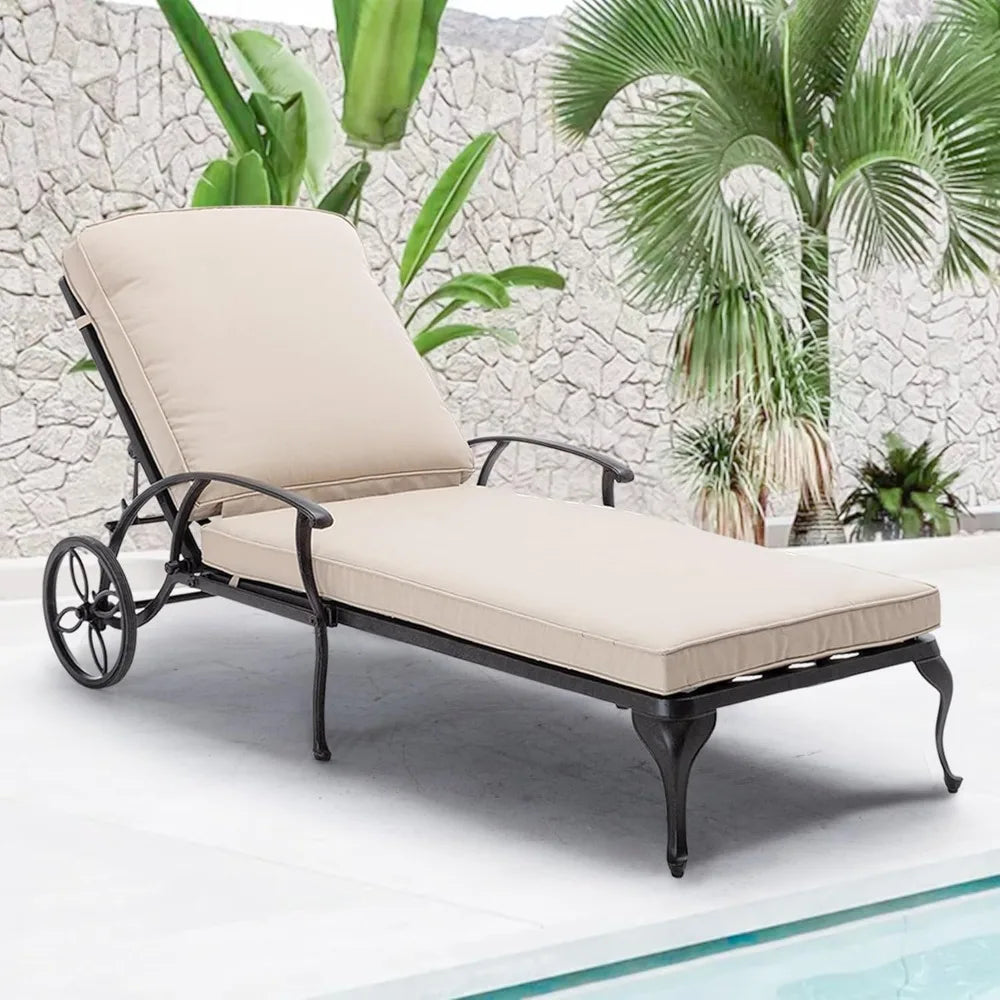 Outdoor Chaise Lounge Chair with Cushion - Poolside Set of 1 Chairs for Outside Cast Aluminum Waterproof Lounger, Lounge Chair