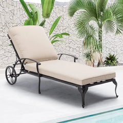 Outdoor Chaise Lounge Chair with Cushion - Poolside Set of 1 Chairs for Outside Cast Aluminum Waterproof Lounger, Lounge Chair