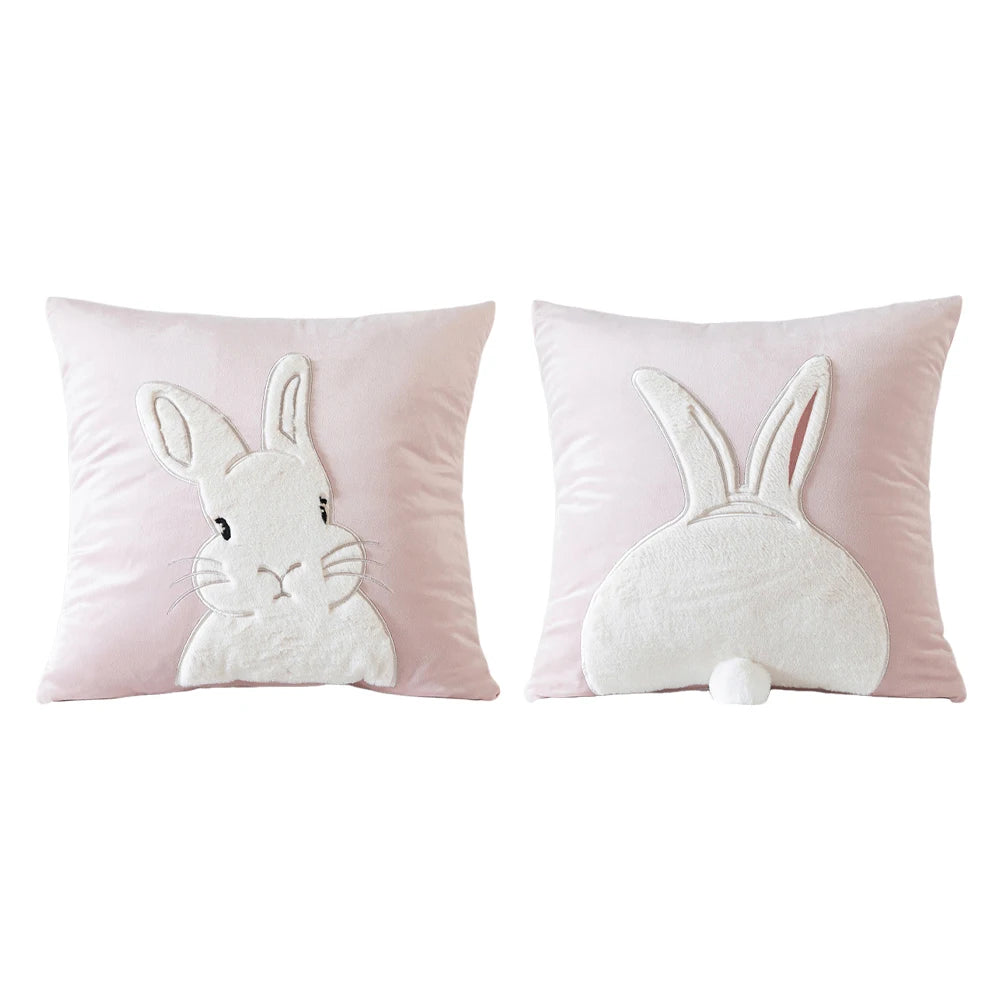 2Pcs Easter Rabbits Throw Pillow Cover 45x45cm Bunny Soft Cushion Case Plush Rabbit Embroidered Pillowcase for Sofa Home Decorat