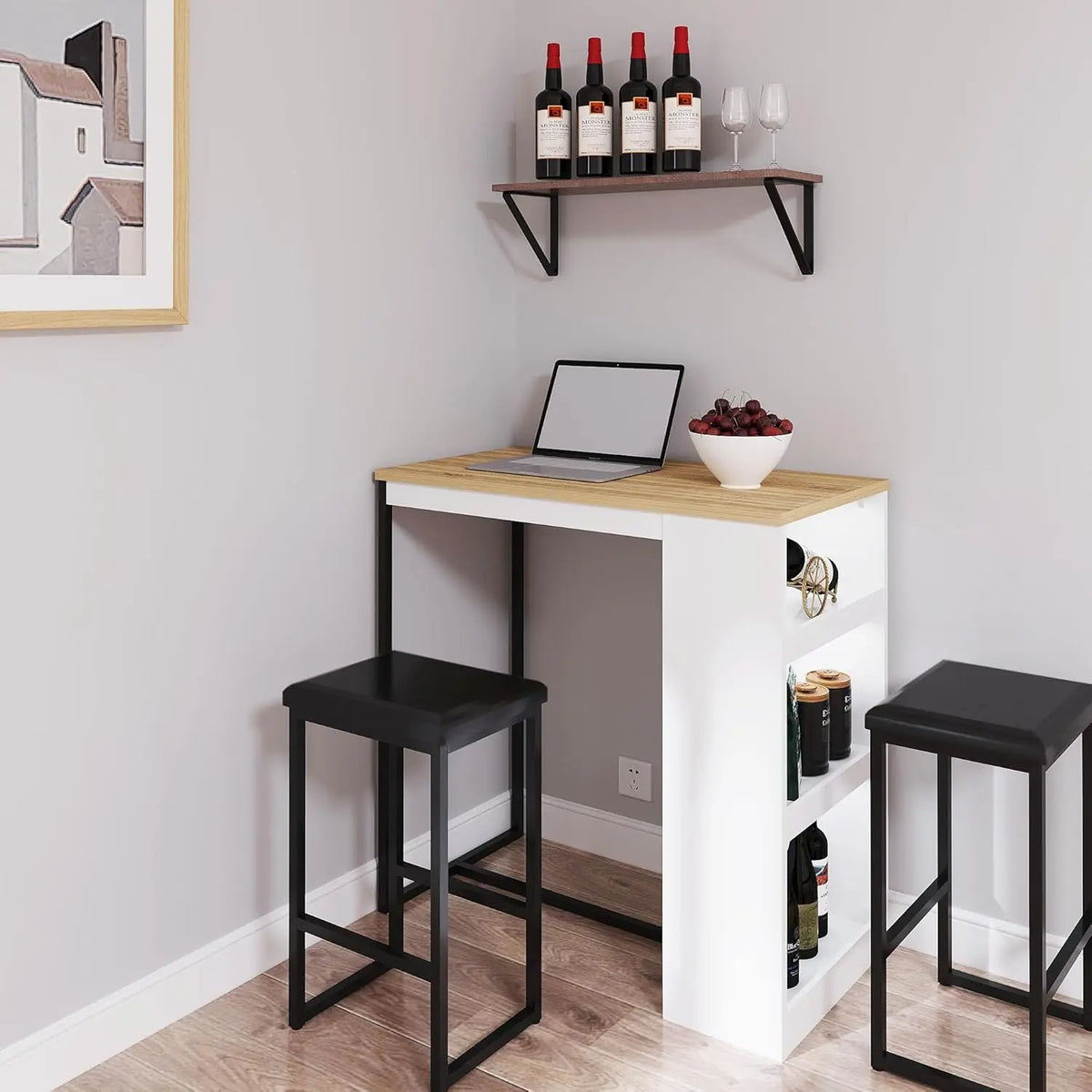 3 Piece Dining Table with 3 Storage Shelves Bar Table and Small Kitchen Table Set for 2 Wooden Counter Height Table Set for Kitc