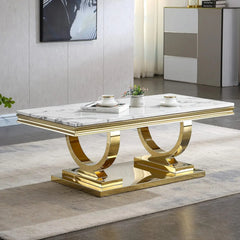 47" White Faux Marble Coffee Table with Gold Stainless Steel Base – Modern Luxury Center Table