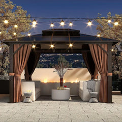 12'x16 'hard Top Pavilion, Outdoor Polycarbonate Double Roof Pavilion with Aluminum Frame, Mesh, and Curtains Gazebo