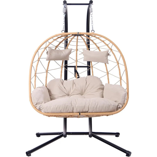 2 Person Egg Swing Chair with Stand - Indoor/Outdoor Hammock Chair & Hanging Egg Chair | Rattan Wicker, UV Resistant Cushion & P