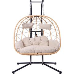 2 Person Egg Swing Chair with Stand - Indoor/Outdoor Hammock Chair & Hanging Egg Chair | Rattan Wicker, UV Resistant Cushion & P