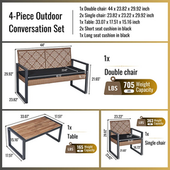 4-Piece Patio Furniture Set Outdoor Balcony Porch Garden Backyard Lawn Furniture Acacia Wood Table Top