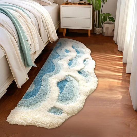 2x6 feet Shag 3D Stereo Wave Moss Bedside Rug 23"×72" Cute Navy Blue Runner Rug Non Slip Washable Bathroom Rugs Bath Mats