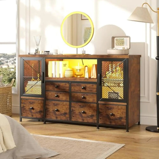 Dresser for Bedroom with Power Outlets & LED Lights,49.2 W Bedroom Dresser for 60 TV Stand, Mesh Door, 8 Drawers & 2 Large Cabi