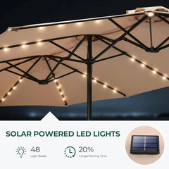 Double Sided Patio Umbrellas - 13ft Solar Lights LED Lighted Outdoor Extra Large Market Table Umbrella with Base Included
