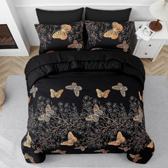 7 Piece Bed in a Bag King Size Comforter Set Black Bedding,Gold Butterfly Leaves Printed on Black Reversible Duvet Cover Set