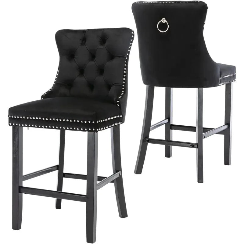 Counter Height Bar Chairs Set of 2, 27" Modern Velvet Bar Stools with Button Decor, Nailhead Trim, Solid Wooden Legs, Beige