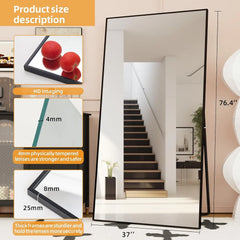 Full-length Mirror, 76.4 "x37" Black Oversized Tempered Floor Mirror with Stand, Full-length Vanity Mirror Suspended or Tilted,