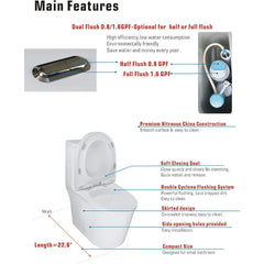 Compact One Piece Toilet 22.8" Depth Modern Short Design Dual Flush for Small Tiny Mini Bathroom 12" Rough-in,White