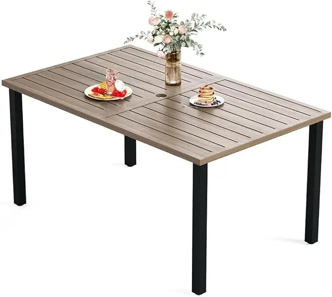 HERA'S HOUSE Outdoor Dining Table for 6, Rectangular Metal Patio Table with Umbrella Hole, 6-Person Weather Resistant Wood-Like