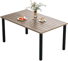 HERA'S HOUSE Outdoor Dining Table for 6, Rectangular Metal Patio Table with Umbrella Hole, 6-Person Weather Resistant Wood-Like