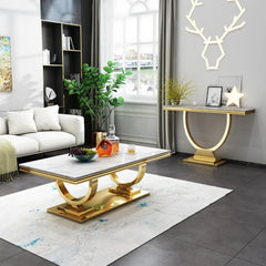 47" White Faux Marble Coffee Table with Gold Stainless Steel Base – Modern Luxury Center Table