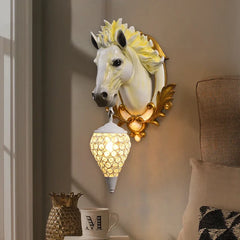 Nordic Resin Horse Head Decor Wall Sconce with Iron Nest Crystals Shade LED E27 Hanging Light Aisle Wall Lamp Entrance Lighting