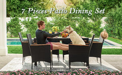 7 Piece Patio Dining Set Outdoor Acacia Wood Table and Chairs with Soft Cushions Wicker Patio Furniture for Deck,Backyard,Garden
