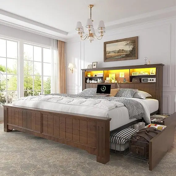 EnHomee Queen Bed Frame with Headboard and Storage, 4 Drawers & LED & USB Bed Frame Queen Size with Storage Farmhouse, Built in