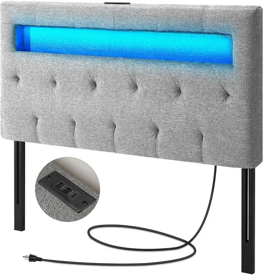 Twin Size Upholstered Headboard with 60,000-Color LED Lights, USB & Type-C Ports, Adjustable Height