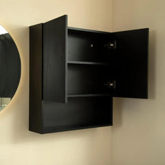 26" Wall-Mounted Fluted Side Cabinet for Bathroom Storage, Black Storage Compartment with 2 Doors and Shelves