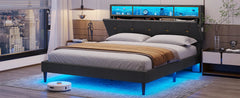 Queen Bed Frame with Drawers, LED Bed Frame with Charging Station, Pu Leather Platform Bed Frame Queen Size with Storage