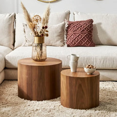 Walnut Nesting Coffee Table Set – 2-Piece Round Wooden Tables for Living Room & Small Spaces