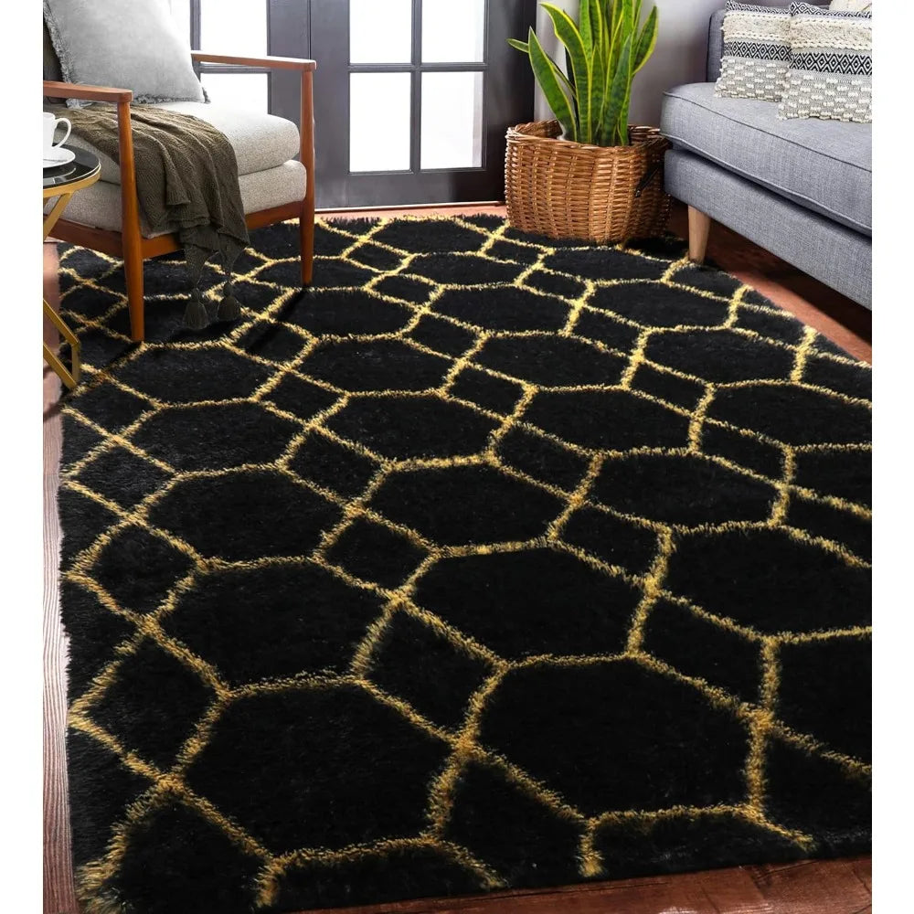 5x8 Rugs for Living Room Bedroom, Fluffy Black and Gold Area Rug, for Kids Girls Boys Teen Dorm Home Decor Aesthetic, Carpet