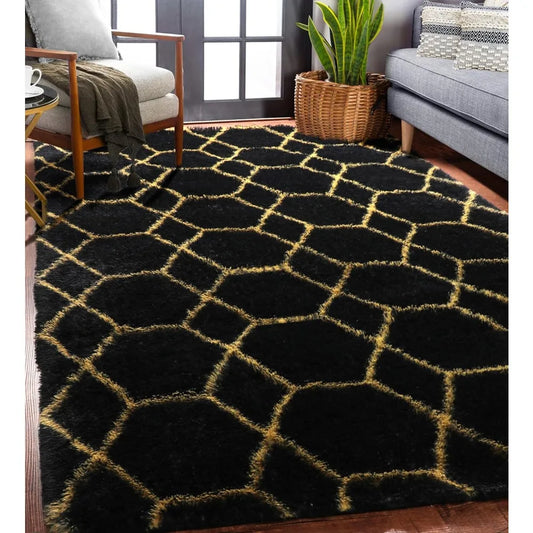 5x8 Rugs for Living Room Bedroom, Fluffy Black and Gold Area Rug, for Kids Girls Boys Teen Dorm Home Decor Aesthetic, Carpet