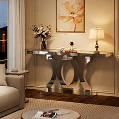 Mirrored Console Table, Entryway Table with Geometric Base, Modern Sofa Table Behind Couch for Living Room, Accent Tab