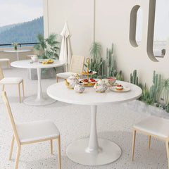 Modern Round Dining Table – Mid-Century Kitchen Table with Faux Marble Top & Pedestal Base