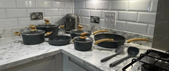Pots and Pans Set Non Stick - 15 Pcs Black Induction Kitchen Cookware Sets, Healthy Non-toxic Hammered Cooking Pans Set