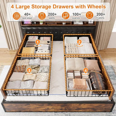 Queen Bed Frame with 4 Storage Drawers and Upholstered Headboard Meal Bed Frame Queen Size Built in Charging Station,Noise Free